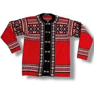 Vintage Nordstrikk Nordic Sweater Wool Cardigan Red Black Fair Isle Clasp Sz S